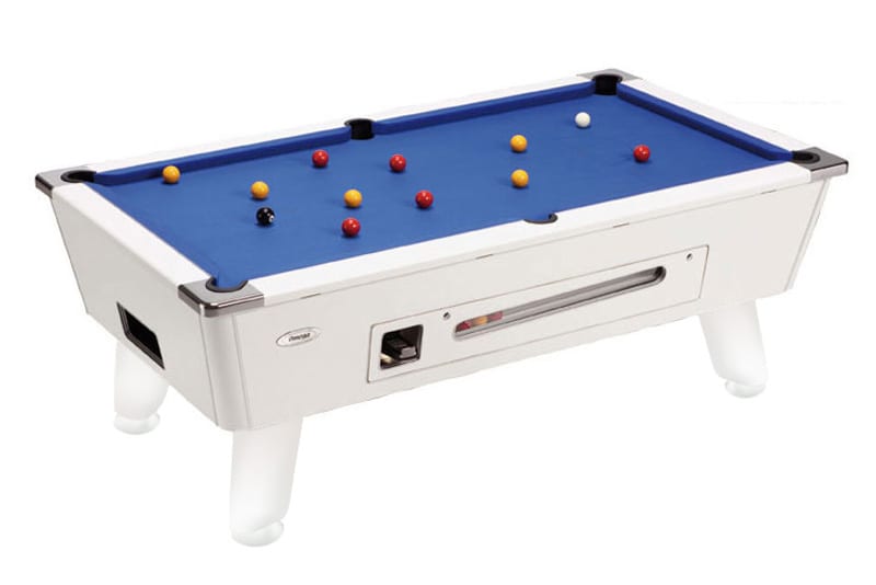 Omega Pool Table: White - Blue Cloth - Coin-Op