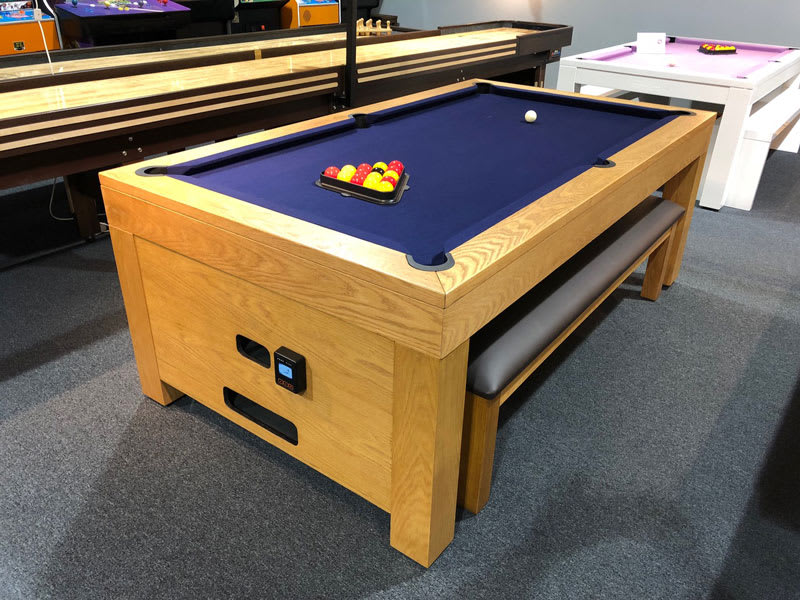 Signature Vantage Contactless Pool Dining Table - Payment End 3/4 View with Bench