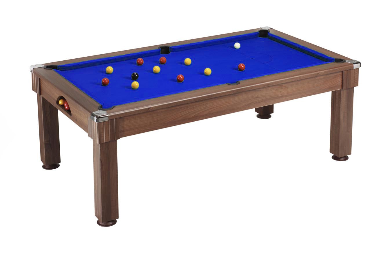 Windsor Pool Dining Table: Dark Walnut - Blue cloth