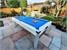 DPT Fusion Outdoor Pool Dining Table in White with Blue Cloth - Installation