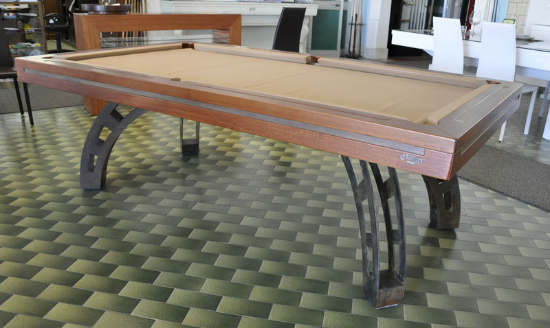 Etrusco P40 Pool Table: Medium Tulipwood with Raw Steel Legs