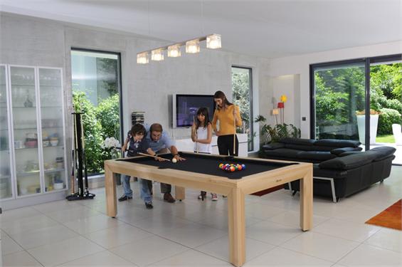 Family playing on modern pool table